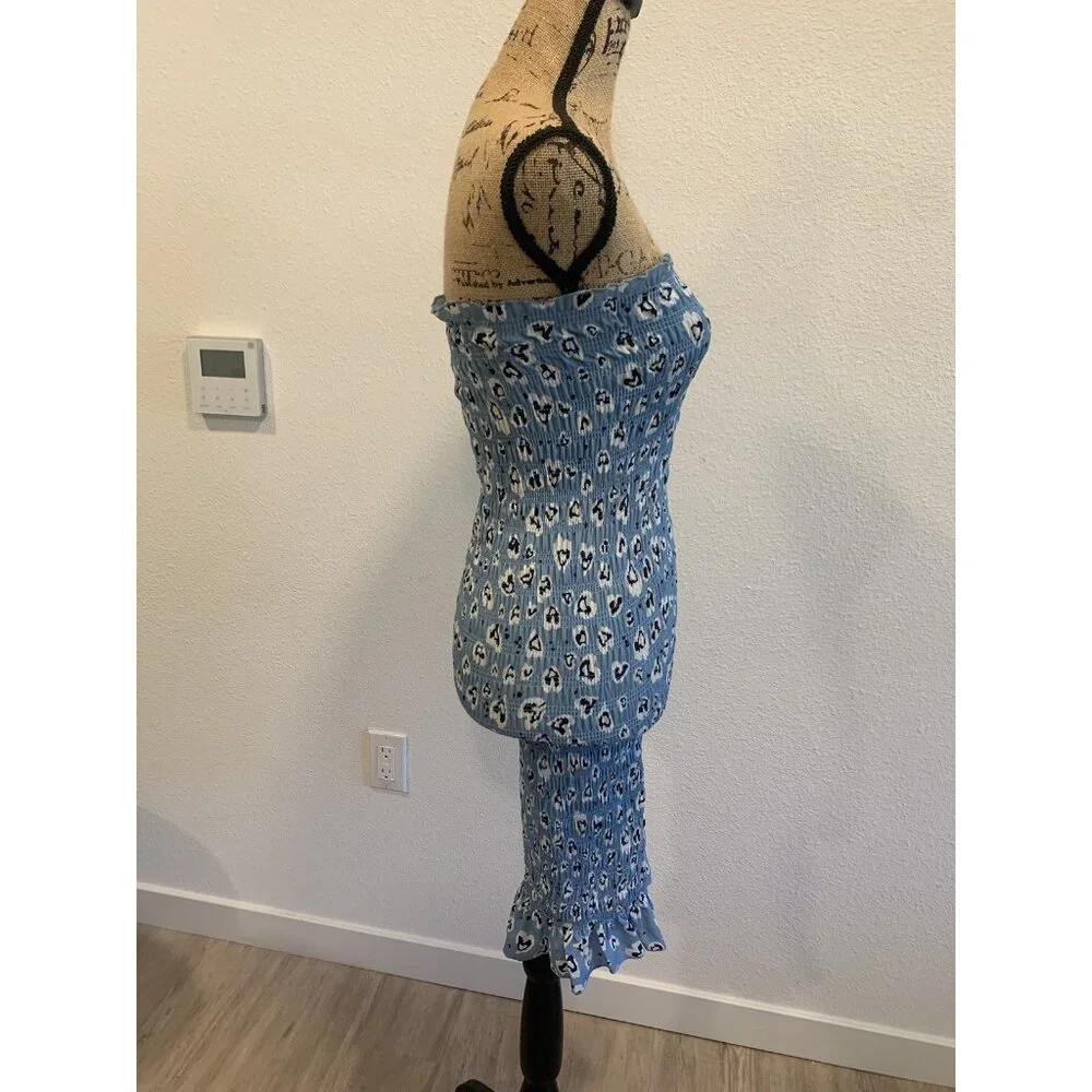 (A-26)Women's Strapless Blue Floral Midi Dress Size‎ S New Fully Dressed Stretch